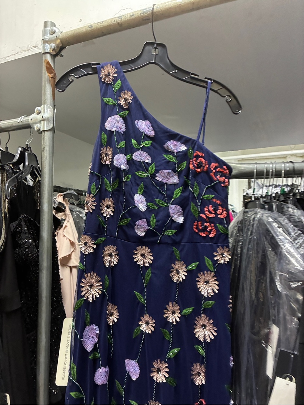 Adrianna Papell Navy Floral Sequin One Shoulder Gown Size 6 NWT GALA MOB Formal - Picture 10 of 15
